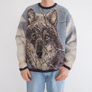 Vintage Sugar Street Weavers Rare Wolf Tapestry Sweater Pullover Adult XL